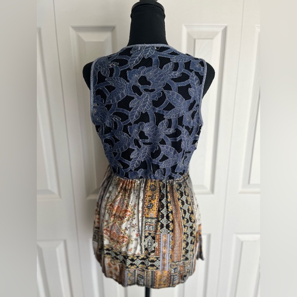 Unique Denim Embroidered Button Down + Silk Multi-Patterned Tunic **Size M** - Picture 5 of 6